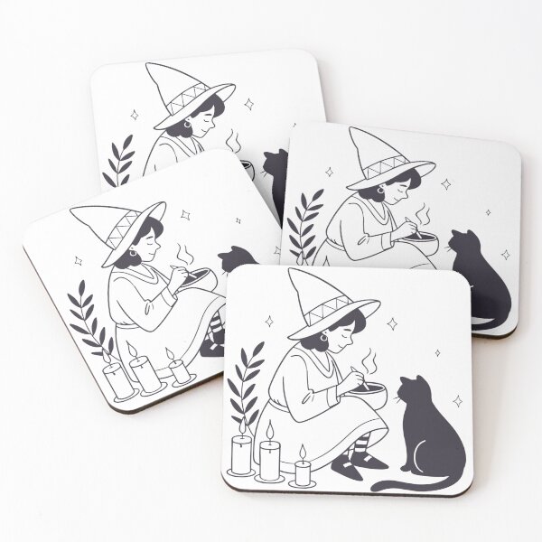 Item preview, cozy witch making herbal tea beside candles and black cat designed and sold by Senglaopattern.