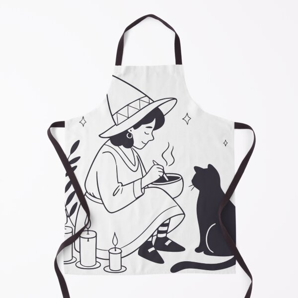 Item preview, cozy witch making herbal tea beside candles and black cat designed and sold by Senglaopattern.