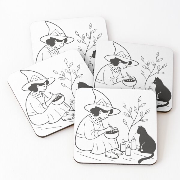Item preview, cozy witch making herbal tea beside candles and black cat designed and sold by Senglaopattern.