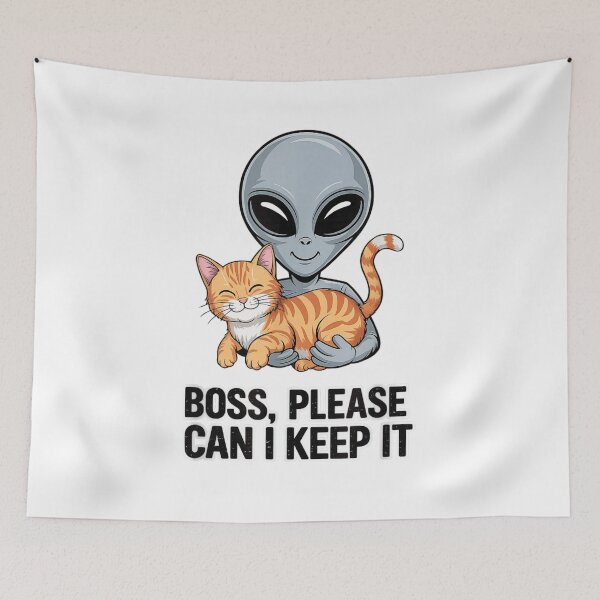 Item preview, Cute Alien Holding Ginger Cat Boss Please Can I Keep It designed and sold by WumbleDoor.