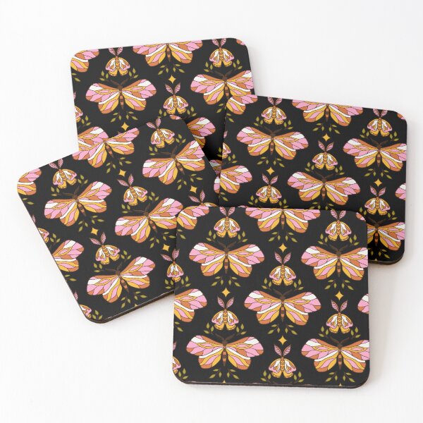 Item preview, Retro Boho Moth Pattern – Elegant Pink Gold Burnt Orange Moths on Black Repeat Design designed and sold by DERA RAY.