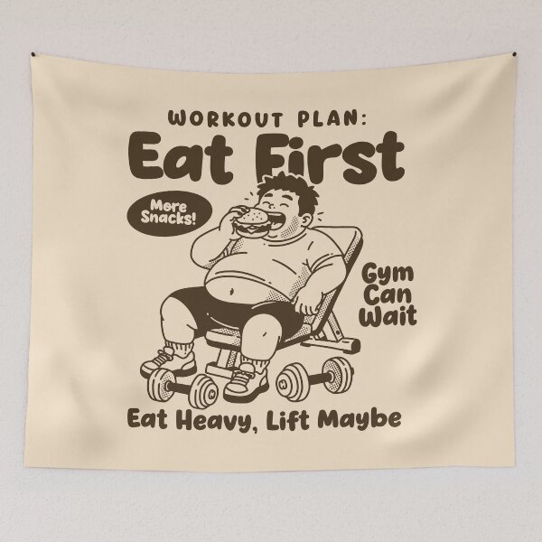 Item preview, Workout Plan: Eat First Funny Gym Shirt Design | Chubby Burger Lover Cartoon Tee | Gym Can Wait Humor Illustration designed and sold by adipra.