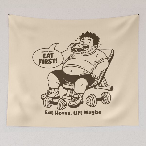 Item preview, Workout Plan: Eat First Funny Gym Shirt Design | Chubby Burger Lover Cartoon Tee | Gym Can Wait Humor Illustration designed and sold by adipra.