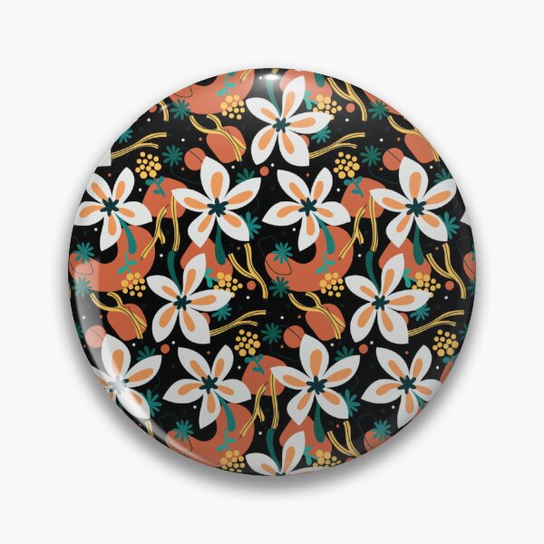 Artikelvorschau, Modernes tropisches botanisches Blumenmuster – Weiß, Orange, Türkis auf Schwarz, kräftiges Wiederholungsdesign entworfen und verkauft von DERA RAY.