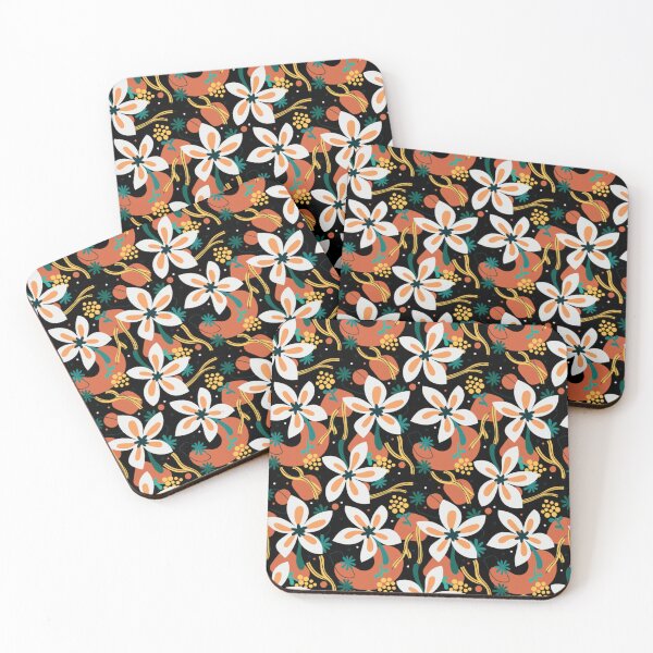 Item preview, Modern Tropical Botanical Floral Pattern – White Orange Teal on Black Bold Repeat Design designed and sold by DERA RAY.