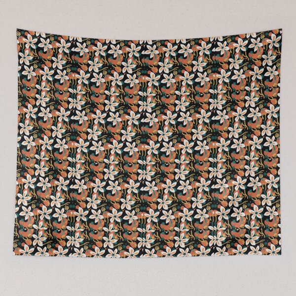 Artikelvorschau, Modernes tropisches botanisches Blumenmuster – Weiß, Orange, Türkis auf Schwarz, kräftiges Wiederholungsdesign entworfen und verkauft von DERA RAY.