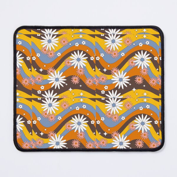 Item preview, Groovy Retro Wave Daisy Pattern – 70s Floral Wavy Stripes Gold Blue Brown Repeat Design designed and sold by DERA RAY.