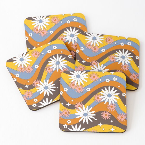 Item preview, Groovy Retro Wave Daisy Pattern – 70s Floral Wavy Stripes Gold Blue Brown Repeat Design designed and sold by DERA RAY.