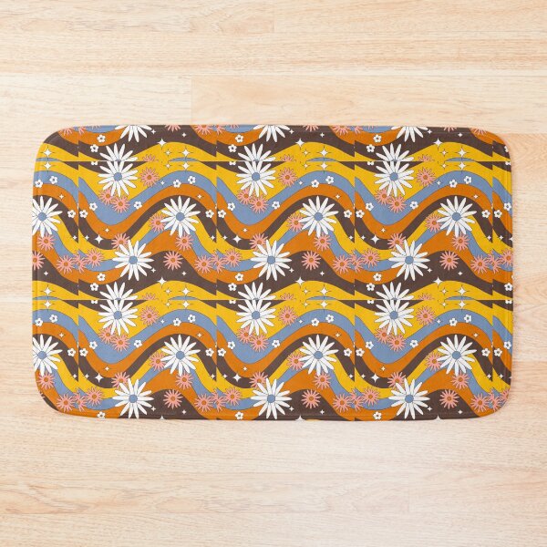 Item preview, Groovy Retro Wave Daisy Pattern – 70s Floral Wavy Stripes Gold Blue Brown Repeat Design designed and sold by DERA RAY.
