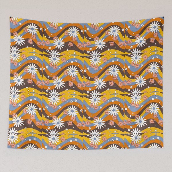 Item preview, Groovy Retro Wave Daisy Pattern – 70s Floral Wavy Stripes Gold Blue Brown Repeat Design designed and sold by DERA RAY.