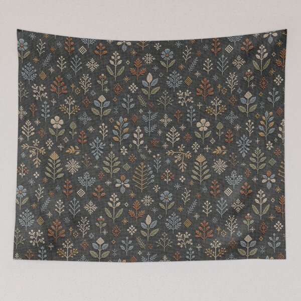 Item preview, Folk Embroidery Botanical Pattern Dark Fabric designed and sold by frumixart.
