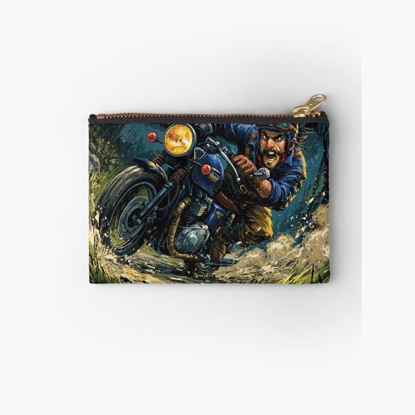Item preview, Biker Caricature in Blue Jacket Speeding on Dirt Road  designed and sold by Piotrek0001.