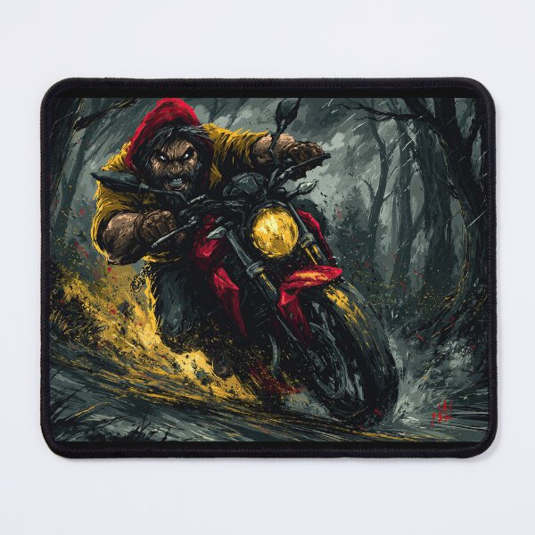 Item preview, Biker in Red Hood Riding Through Muddy Forest designed and sold by Piotrek0001.