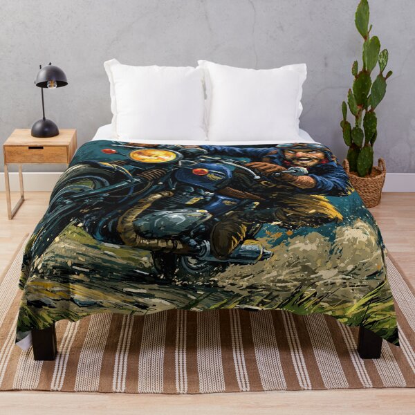 Item preview, Biker Caricature in Blue Jacket Speeding on Dirt Road  designed and sold by Piotrek0001.