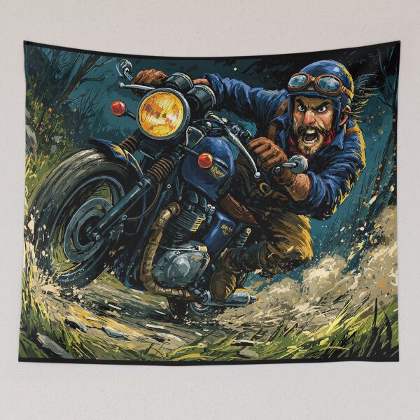 Item preview, Biker Caricature in Blue Jacket Speeding on Dirt Road  designed and sold by Piotrek0001.