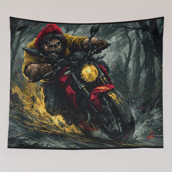 Item preview, Biker in Red Hood Riding Through Muddy Forest designed and sold by Piotrek0001.