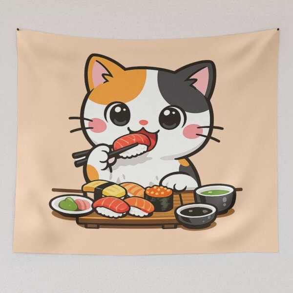 Item preview, Cute Calico Cat Enjoying Delicious Sushi Feast designed and sold by SakuraMarket26.