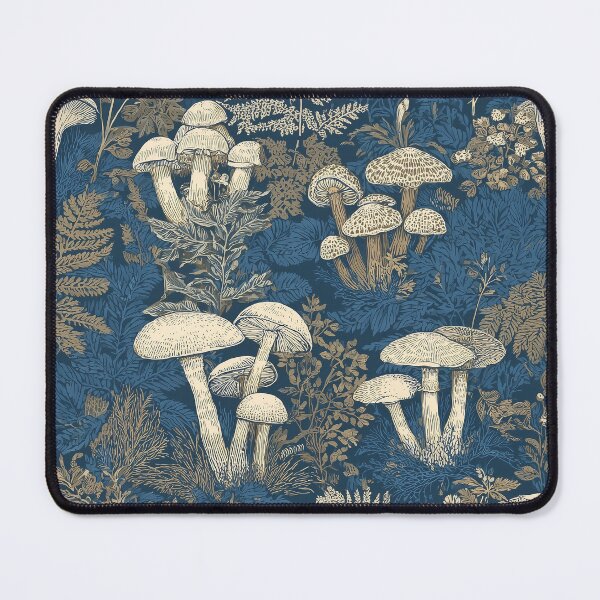 Item preview, Mushrooms and Forest Moss — Victorian Indigo Woodland Design | Navy Blue Botanical Arts & Crafts Print designed and sold by BestVarieties.