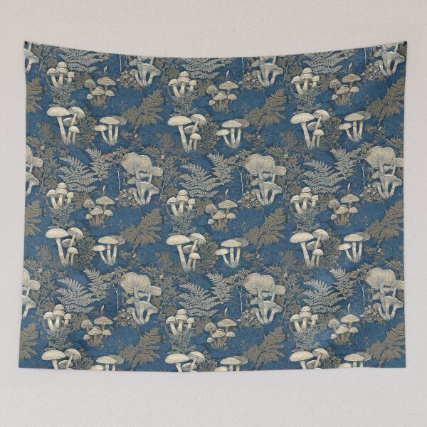 Item preview, Mushrooms and Forest Moss — Victorian Indigo Woodland Design | Navy Blue Botanical Arts & Crafts Print designed and sold by BestVarieties.