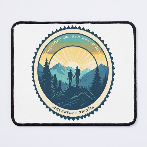 Item preview, Together we are never lost couple hiking badge navy teal sunset print designed and sold by icemanphotos.