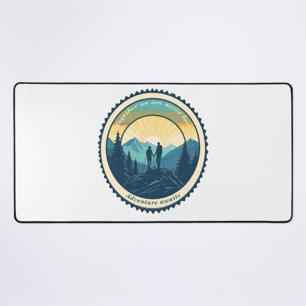 Item preview, Together we are never lost couple hiking badge navy teal sunset print designed and sold by icemanphotos.
