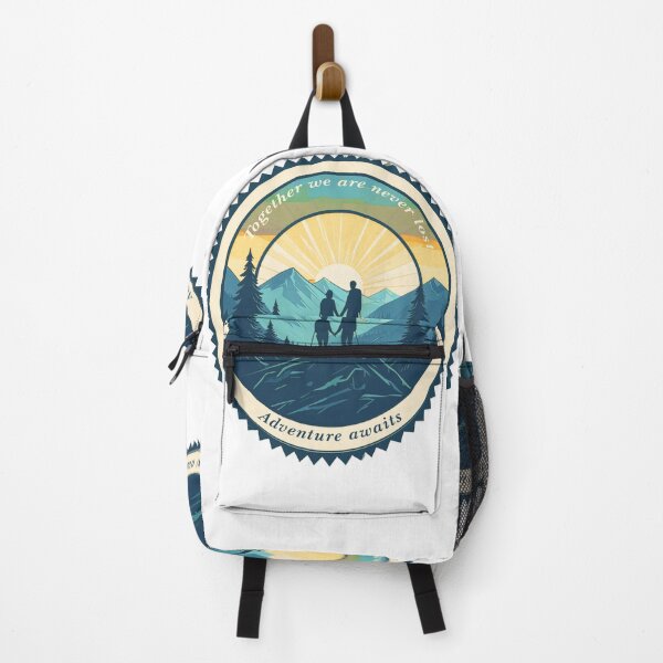 Item preview, Together we are never lost couple hiking badge navy teal sunset print designed and sold by icemanphotos.