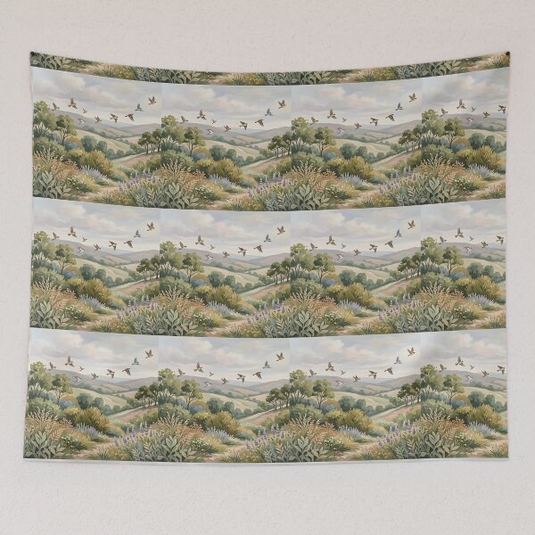 Item preview, Vintage Botanical Landscape with Flying Swallows designed and sold by Mustaph-Shop.