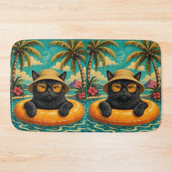 Item preview, Cool Black Cat Summer Beach Vacation Art - Cat Floating in Ocean designed and sold by merchxwear.