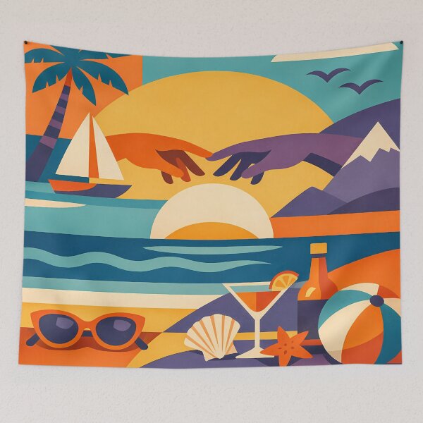 Item preview, Tropical Beach Collage with Sunset Hands and Yacht designed and sold by InkSmithery.
