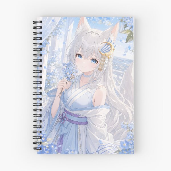 Artikelvorschau, Anime-Mädchen mit blauer Blüte und weißem Kitsune entworfen und verkauft von AmberMoonNotes.
