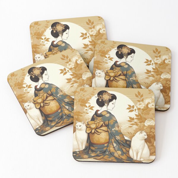 Item preview, Golden Serenity: Elegant Japanese Geisha with Cats designed and sold by Soluna Studio.