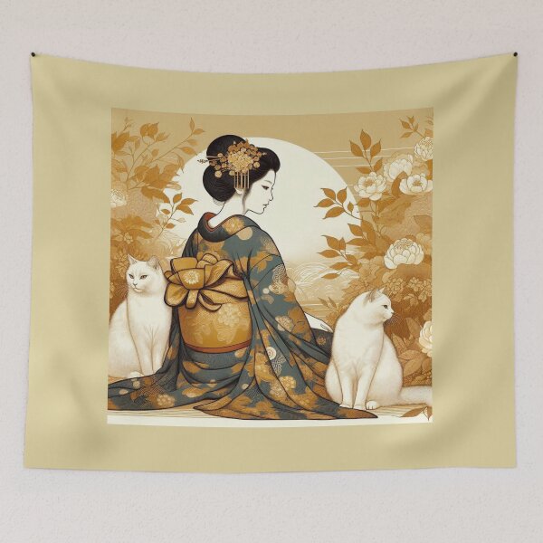 Item preview, Golden Serenity: Elegant Japanese Geisha with Cats designed and sold by Soluna Studio.