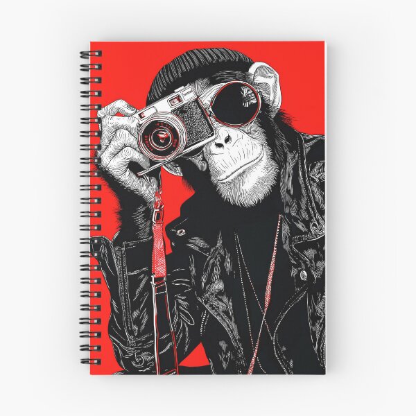 Item preview, Cool Photographer Chimpanzee Wearing Leather Jacket and Sunglasses Red Pop Art designed and sold by Artistic Gift Print.