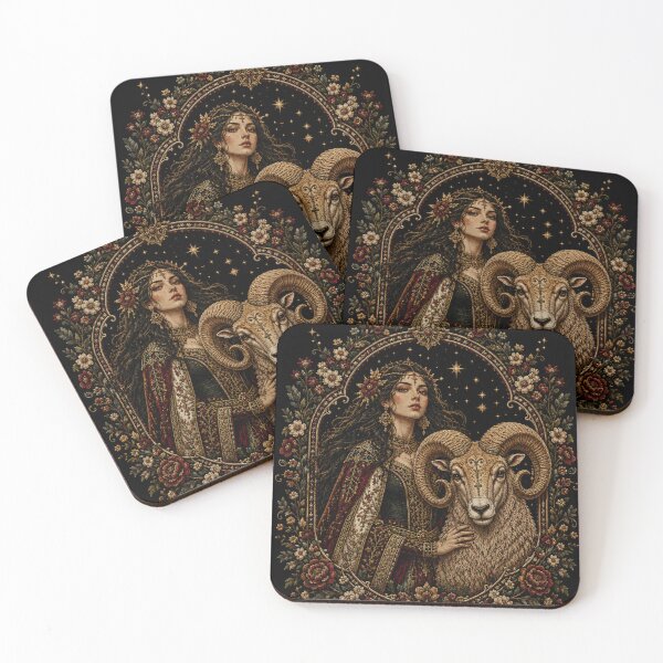 Item preview, Aries Zodiac | Medieval Faux Embroidery Art | Black background  designed and sold by doinitzart.