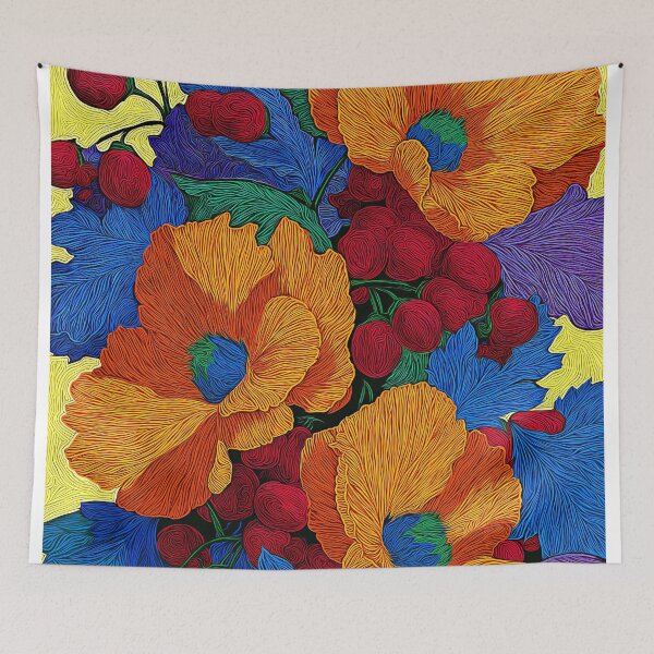 Item preview, Colorful Maximalist Floral Art with Detailed Orange Poppies and Red Berries Print designed and sold by Artistic Gift Print.