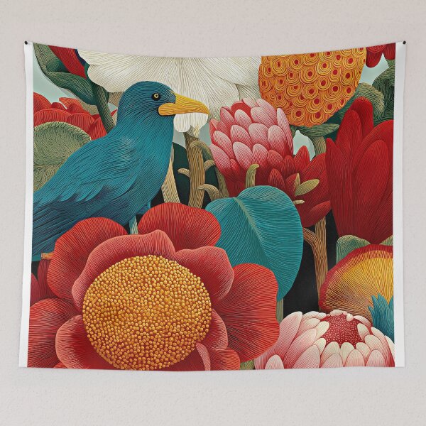 Item preview, Teal Bird Botanical Flowers Art Print Colorful Floral Wall Decor Poster designed and sold by Artistic Gift Print.