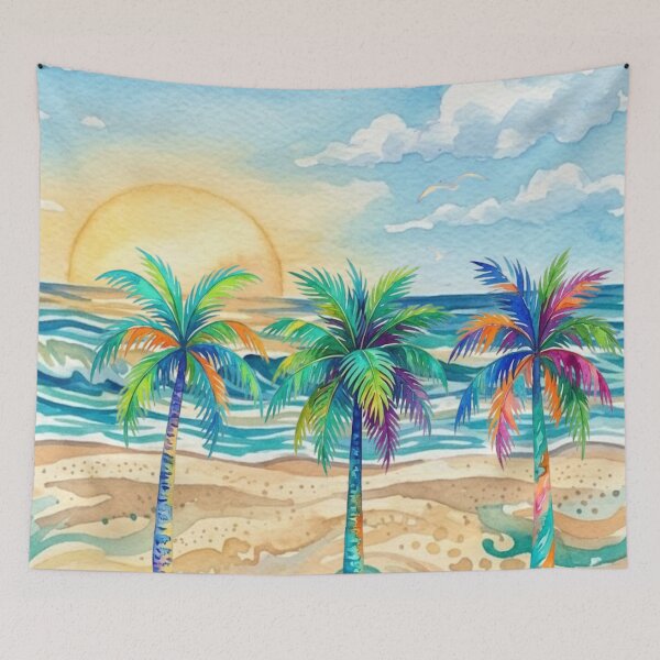 Item preview, Vibrant Watercolor Beach Sunrise with Tropical Palm Trees designed and sold by VibranPalette.