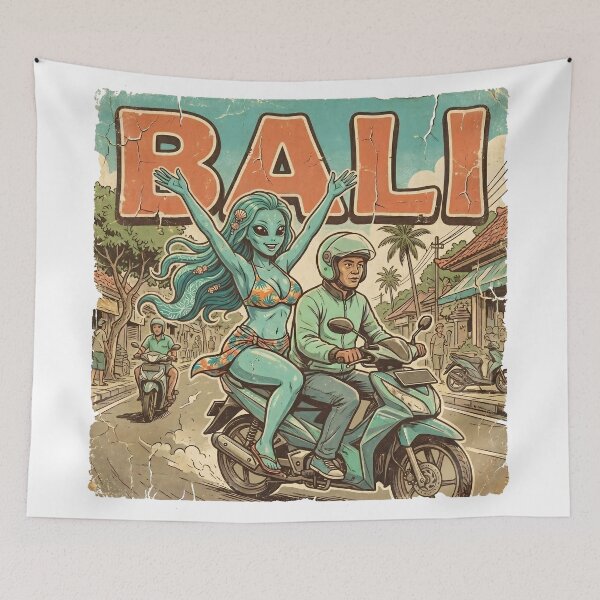 Item preview, Alien Earth Tour: Bali Ride - Retro Tropical Travel Poster designed and sold by HornbillDesign.