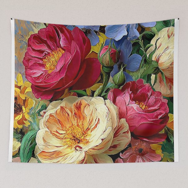 Artikelvorschau, Farbenfrohes Blumen-Ölgemälde: Pfingstrosen-Rosen-Strauß – Wandbild entworfen und verkauft von Artistic Gift Print.