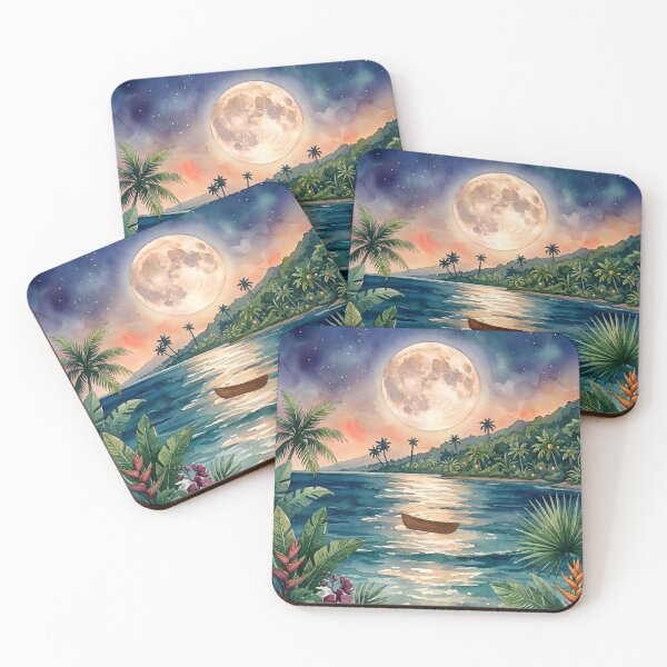 Item preview, Tropical Summer Night Watercolor Sea with Full Moon and Rowboat designed and sold by VibranPalette.