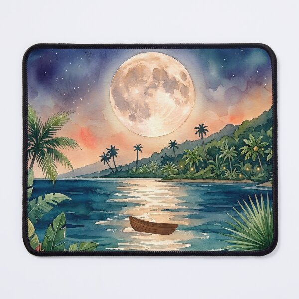 Item preview, Tropical Summer Night Watercolor Sea with Full Moon and Rowboat designed and sold by VibranPalette.