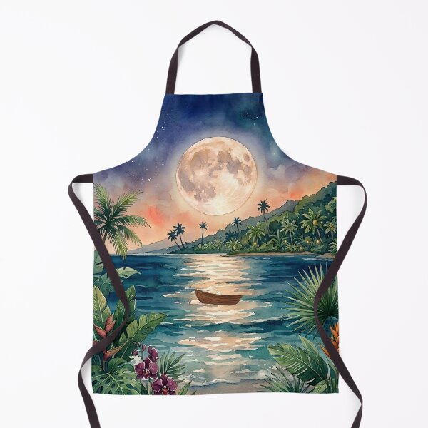 Item preview, Tropical Summer Night Watercolor Sea with Full Moon and Rowboat designed and sold by VibranPalette.