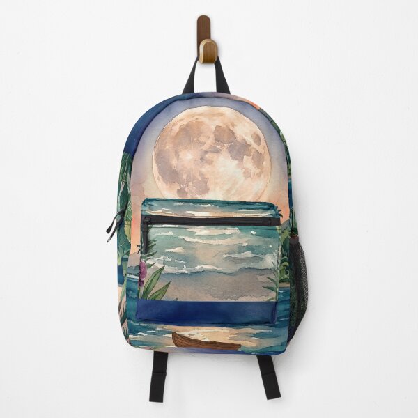 Item preview, Tropical Summer Night Watercolor Sea with Full Moon and Rowboat designed and sold by VibranPalette.