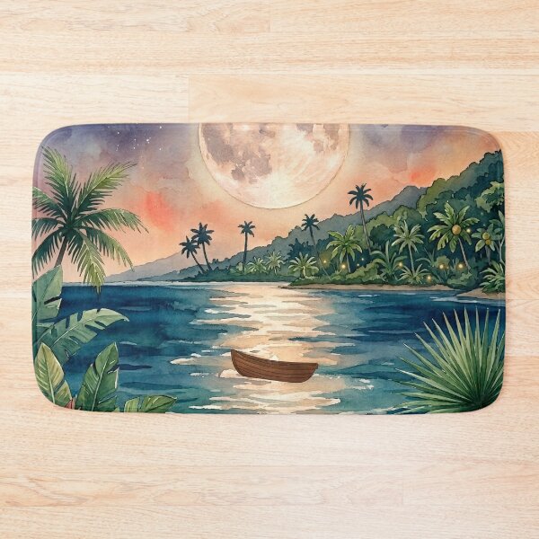 Item preview, Tropical Summer Night Watercolor Sea with Full Moon and Rowboat designed and sold by VibranPalette.