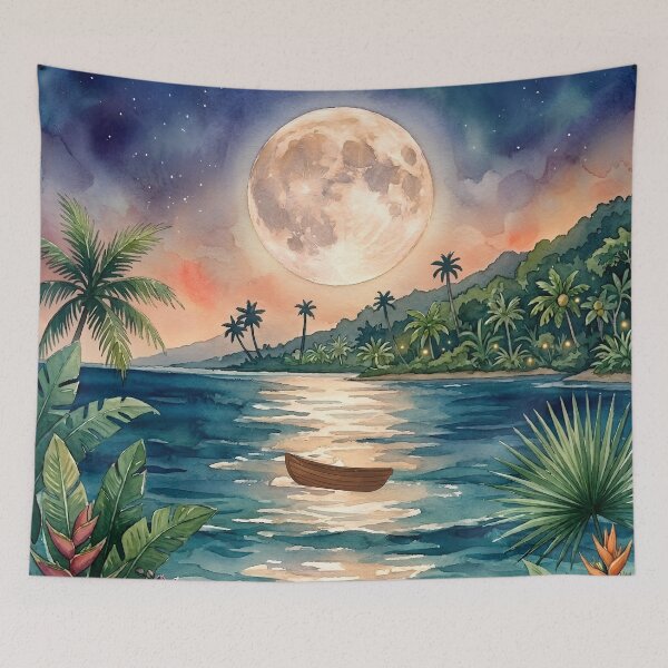 Item preview, Tropical Summer Night Watercolor Sea with Full Moon and Rowboat designed and sold by VibranPalette.