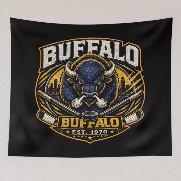 Item preview, Buffalo Hockey Charging Mascot Logo | Blue Gold Hockey Fan Design designed and sold by TKOprintdesigns.