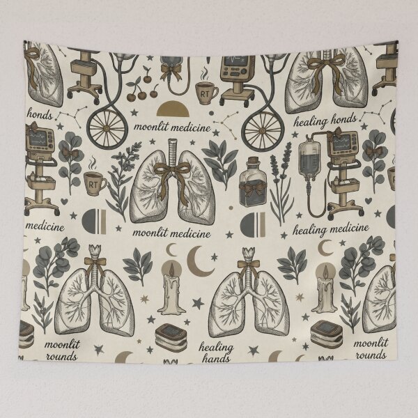 Item preview, Moonlit Medicine Respiratory Therapist Pattern | Cozy Vintage RT Aesthetic Medical Collage designed and sold by ClinicalHubs.