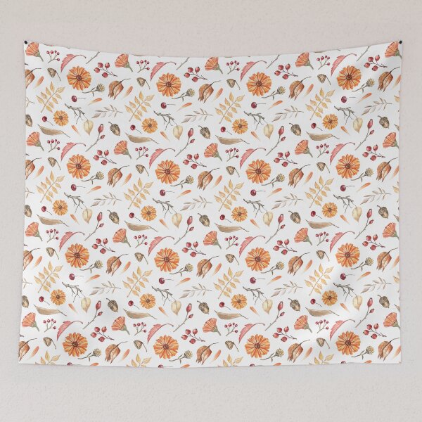 Item preview, Autumn Flowers and Leaves Pattern on White designed and sold by Flowersforbear.