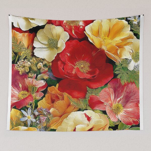 Item preview, Lush Garden Flowers Oil Painting Red Peony Rose Poppy Floral Art Print designed and sold by Artistic Gift Print.