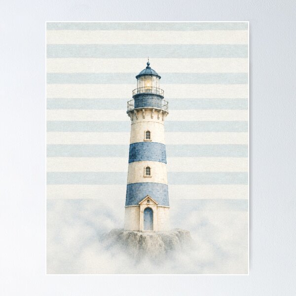 Item preview, Pastel Blue Lighthouse Watercolor, Coastal Beach House Decor, Nautical Ocean Aesthetic, Minimal Maritime Illustration designed and sold by CosmicAnomaly.